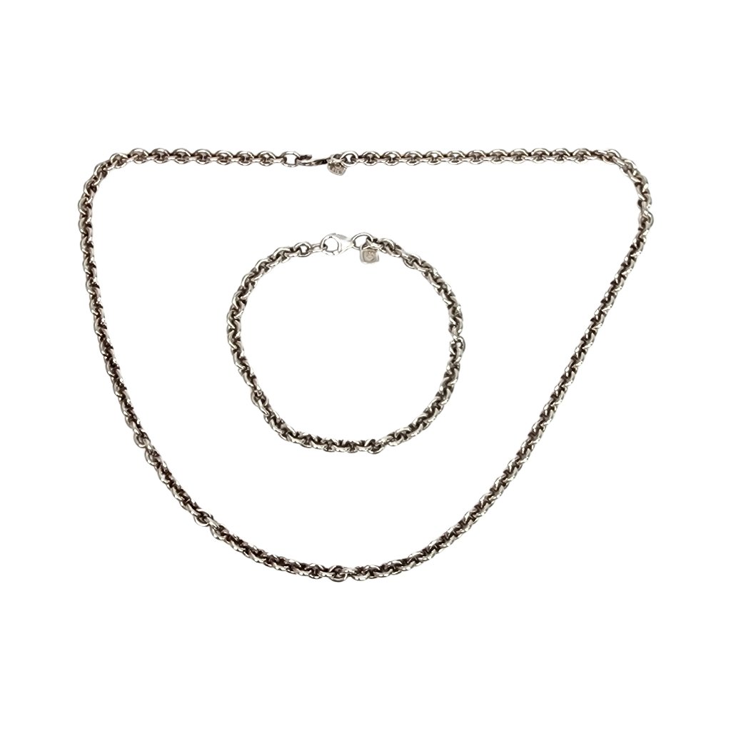 Sterling Silver Round Link Chain Necklace And Bracelet Set #16604